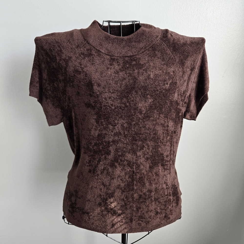 NWT Kasper Brown Textured Chenille Knit Short Sleeve Mock Neck Plush Sweater